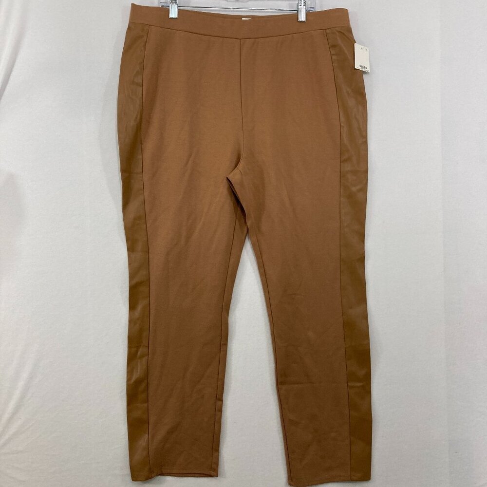 New Wynne Collection 1X Brown Camel Stretch Slim Leg‎ Faux Lather Pull-on Pants